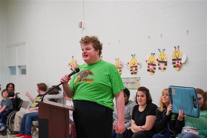 Students compete in the Pathfinder School Spelling Bee on Jan. 31, 2024.